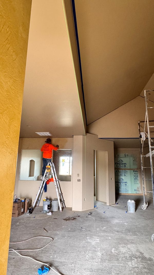A painter on a ladder working a tall vaulted wall